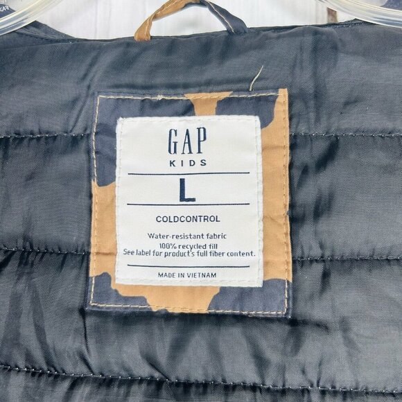 GAP Kids Girls Sz L Puffer Jacket Brown Black Animal Print Hooded Full Zip - Picture 8 of 8